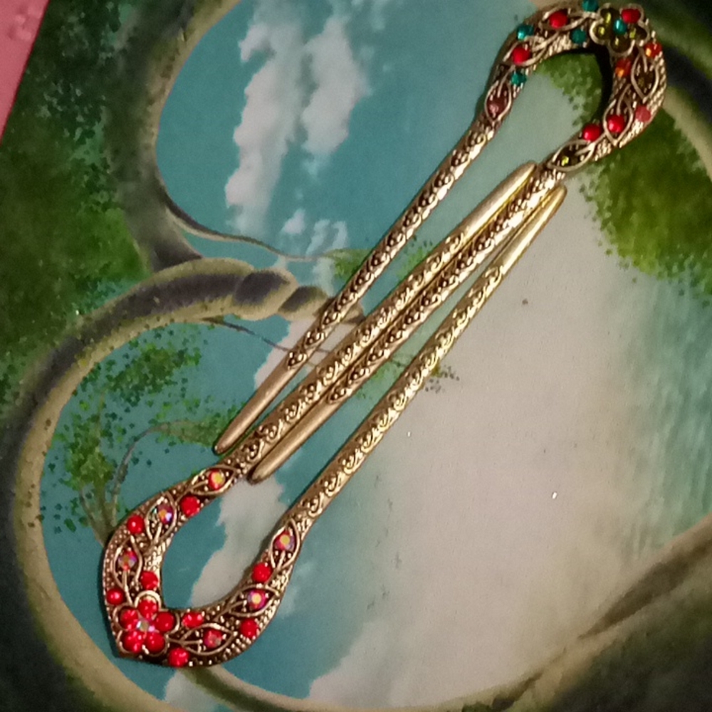 Asian hair bun sticks multicolored gems 🌺